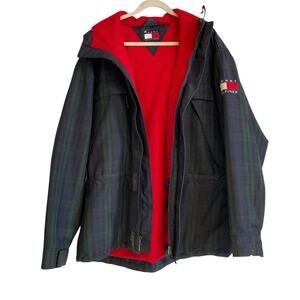 Y2K Tommy Hilfiger Green Blue Plaid Sporty Fleece Lined Hooded Parka Coat Large